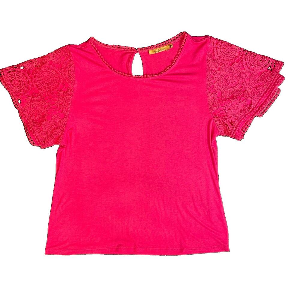 Bellini EUC Pink Knit Lace Accent Scoop Neck Flutter Crochet Sleeve Top Women M - Picture 2 of 10